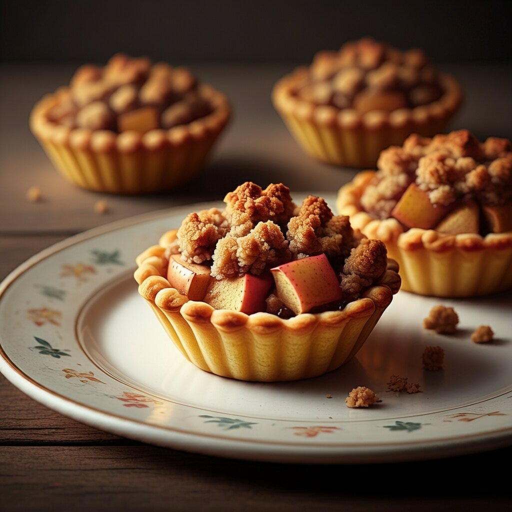 MINI APPLE PIE TARTS "Professional-style image of a hand holding a mini apple pie tart, with additional tarts placed on a classy white ceramic plate in a softly lit and minimalist background."