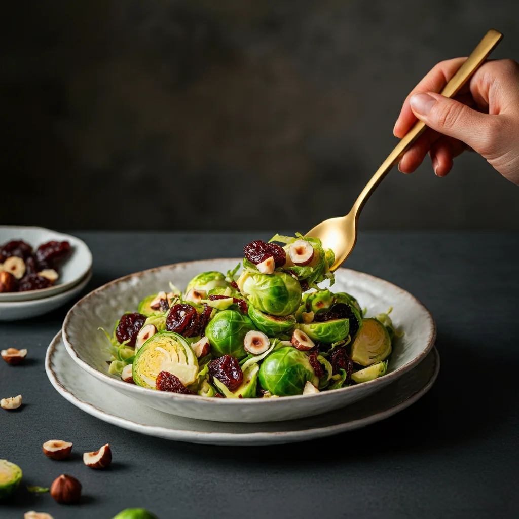 Brussels Sprouts Salad with Dried Cherries & Hazelnuts Brussels Sprouts Salad in a white plate, with a hand holding a gold spoon, styled elegantly on a marble background.