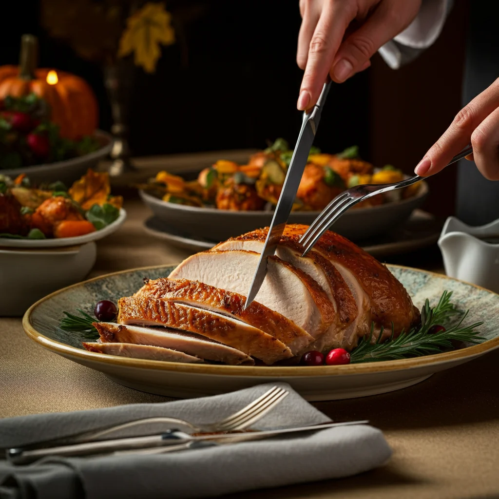 Carnivore Roasted Turkey Hand holding knife and fork over sliced roasted turkey on a plate with rosemary and cranberries in an elegant table setting.