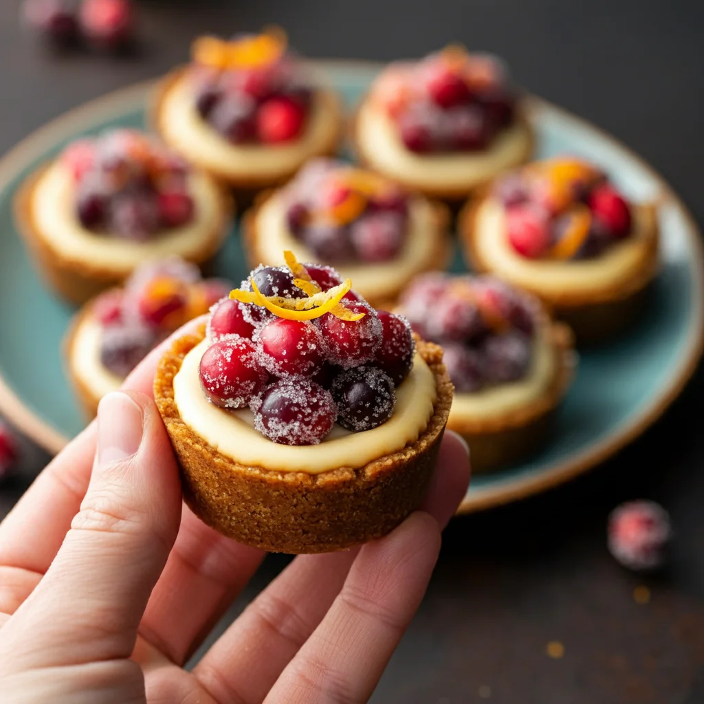 Mini Cranberry-Cheesecake Pies Hand holding a Mini Cranberry-Cheesecake Pie with sugared cranberries and orange zest, with more pies blurred on a plate in the background.