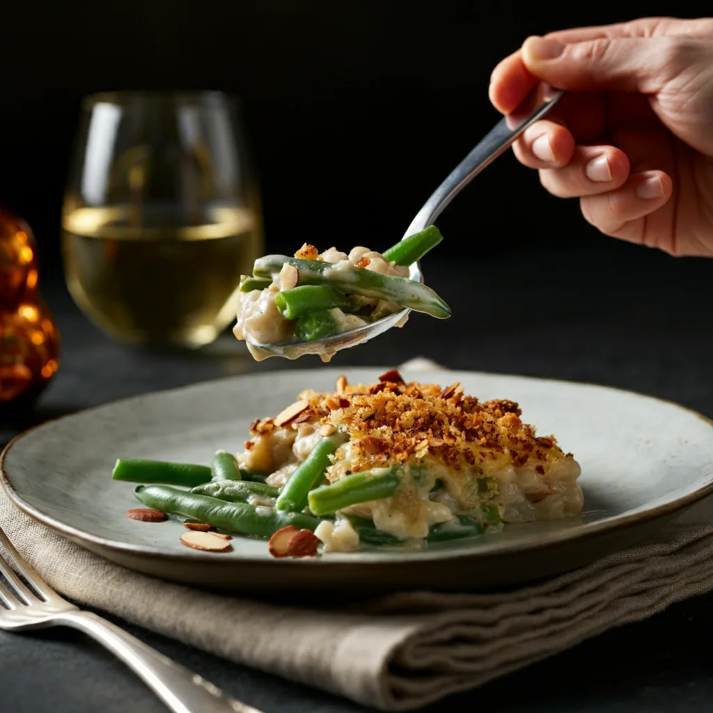 Green Bean Casserole with Almost-Burnt Almonds Hand holding a spoonful of Green Bean Casserole over a classy plate with green beans, creamy sauce, and almond-panko topping in focus.