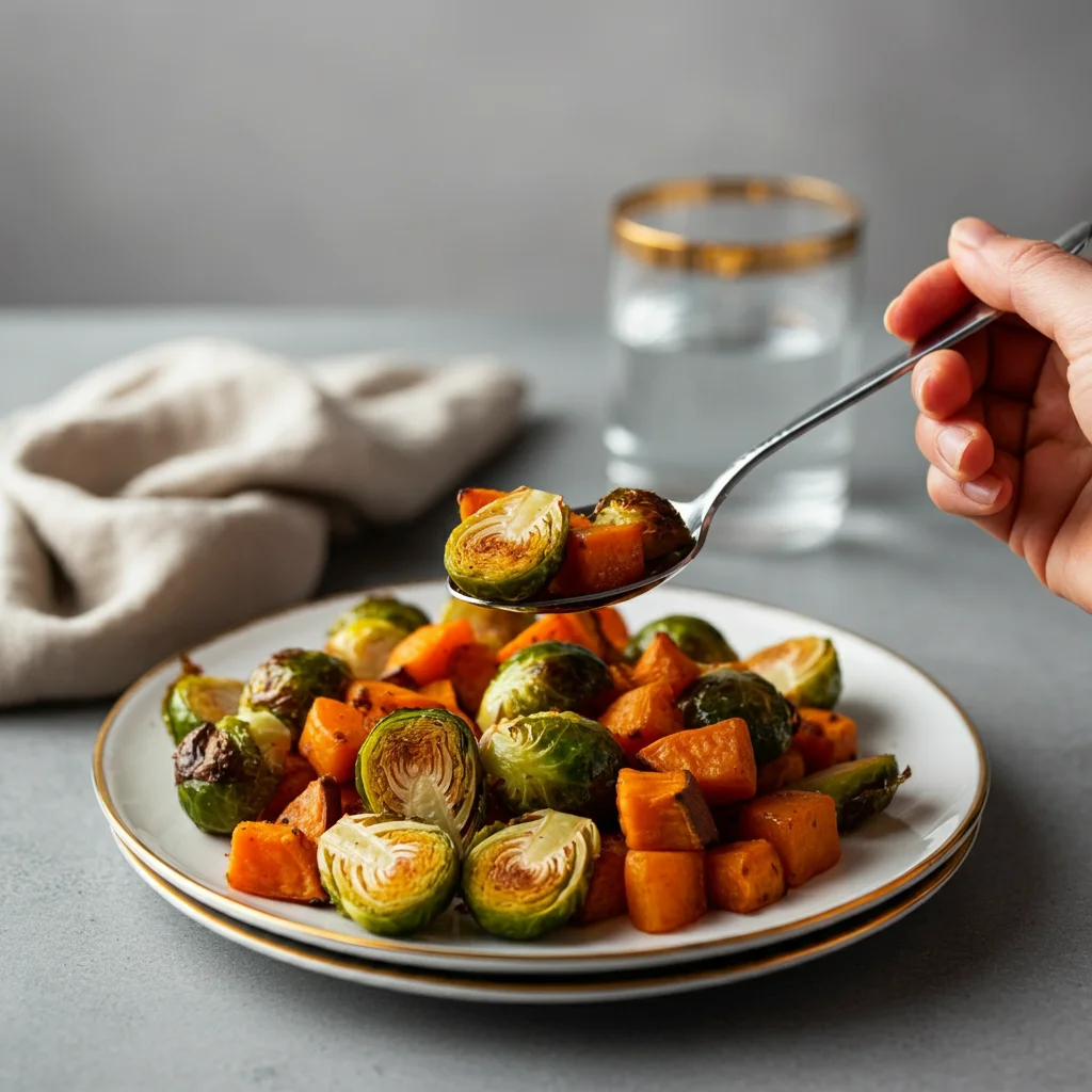 WW Air Fryer Sweet Potatoes & Brussels Sprouts Hand holding a spoonful of roasted Brussels sprouts and sweet potatoes over an elegant white plate with gold trim, in a softly lit setting.