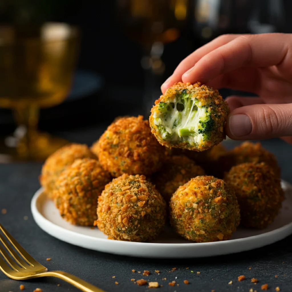 WW Broccoli Cheese Balls Hand holding a bitten broccoli cheese ball over a plate of cheese balls on a dark table.