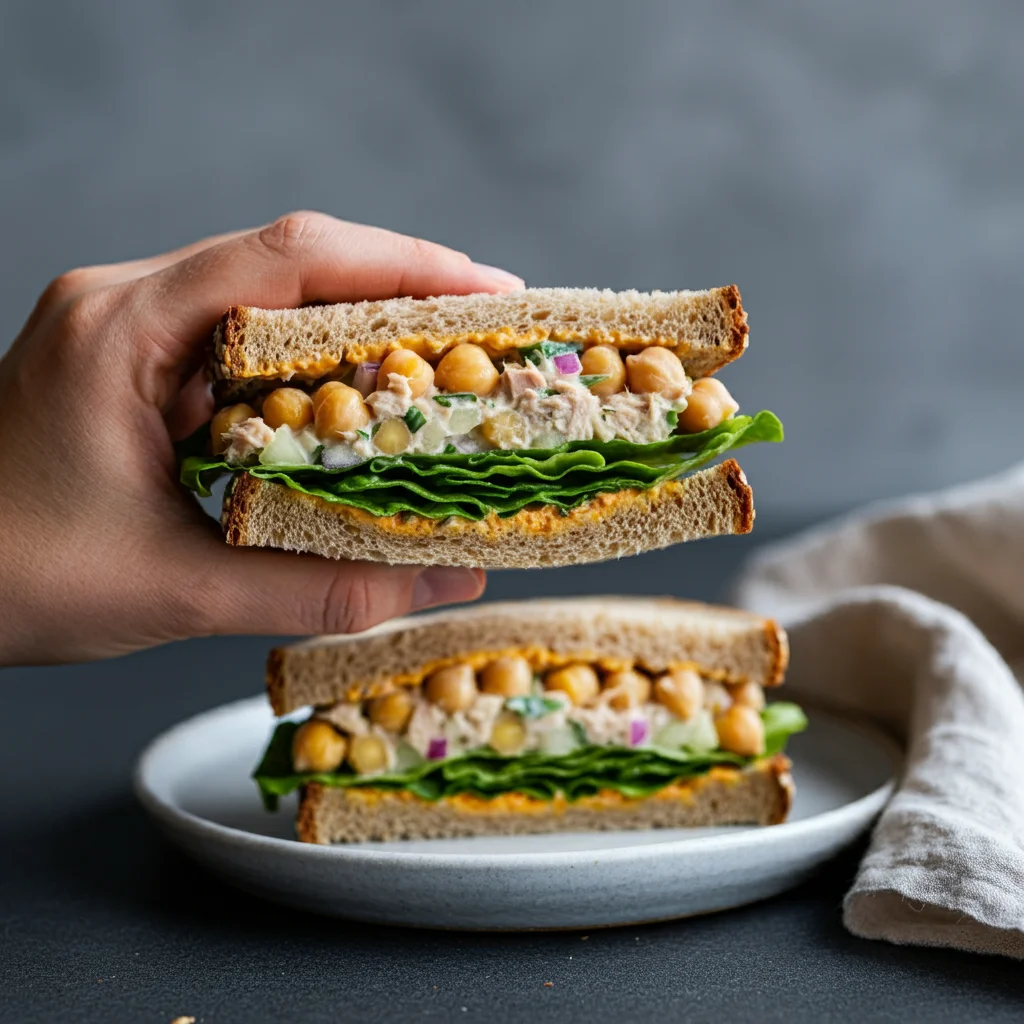 High-Protein Tuna and Chickpea Salad Sandwich A hand holding half a tuna and chickpea salad sandwich with creamy filling and lettuce, with remaining halves on a plate in a blurred, professional background.