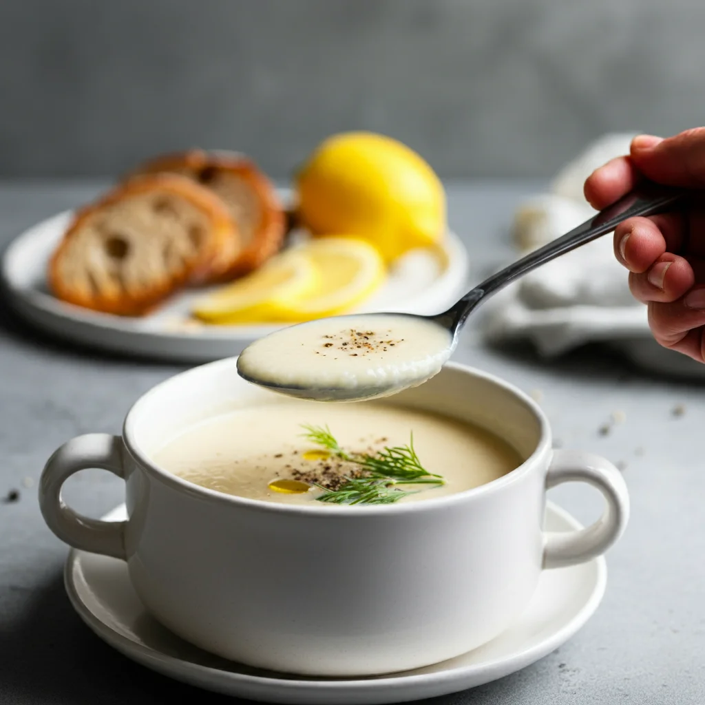 WW Avgolemono Soup Close-up of a spoonful of creamy WW Avgolemono Soup held over a garnished bowl, with lemon slices and bread in a clean, elegant background.