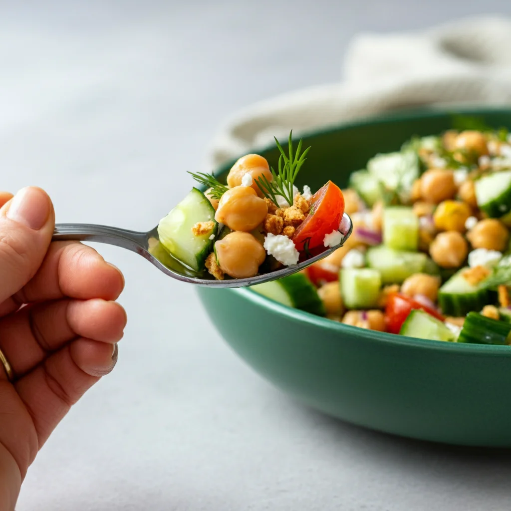 WW Chickpea Cucumber Feta Salad Close-up of a spoon holding Cucumber Chickpea Salad with cucumber, chickpeas, and feta, with the rest of the salad in a green bowl in the background.