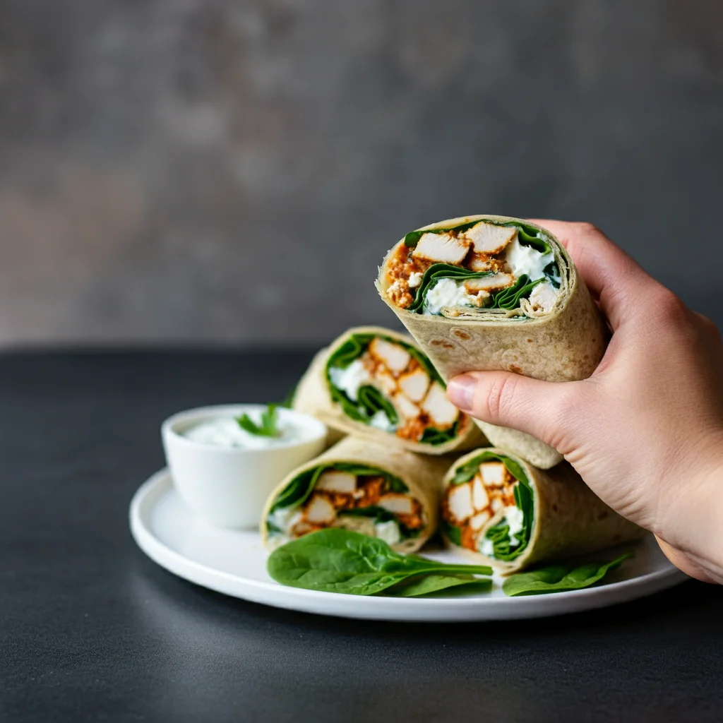 High-Protein Chicken, Spinach, and Feta Wraps Hand holding a High-Protein Chicken, Spinach, and Feta Wrap. Remaining wraps arranged on a white plate with spinach and yogurt garnish in a clean, soft-lit setup.