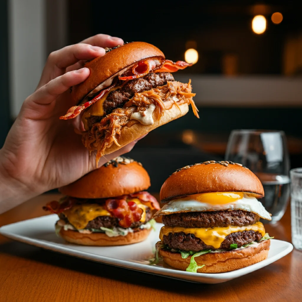 Stacked Carnivore Burgers Hand holding a stacked carnivore burger with visible layers of bacon, cheese, beef patty, egg, and pulled pork, with burgers on a plate in the background.