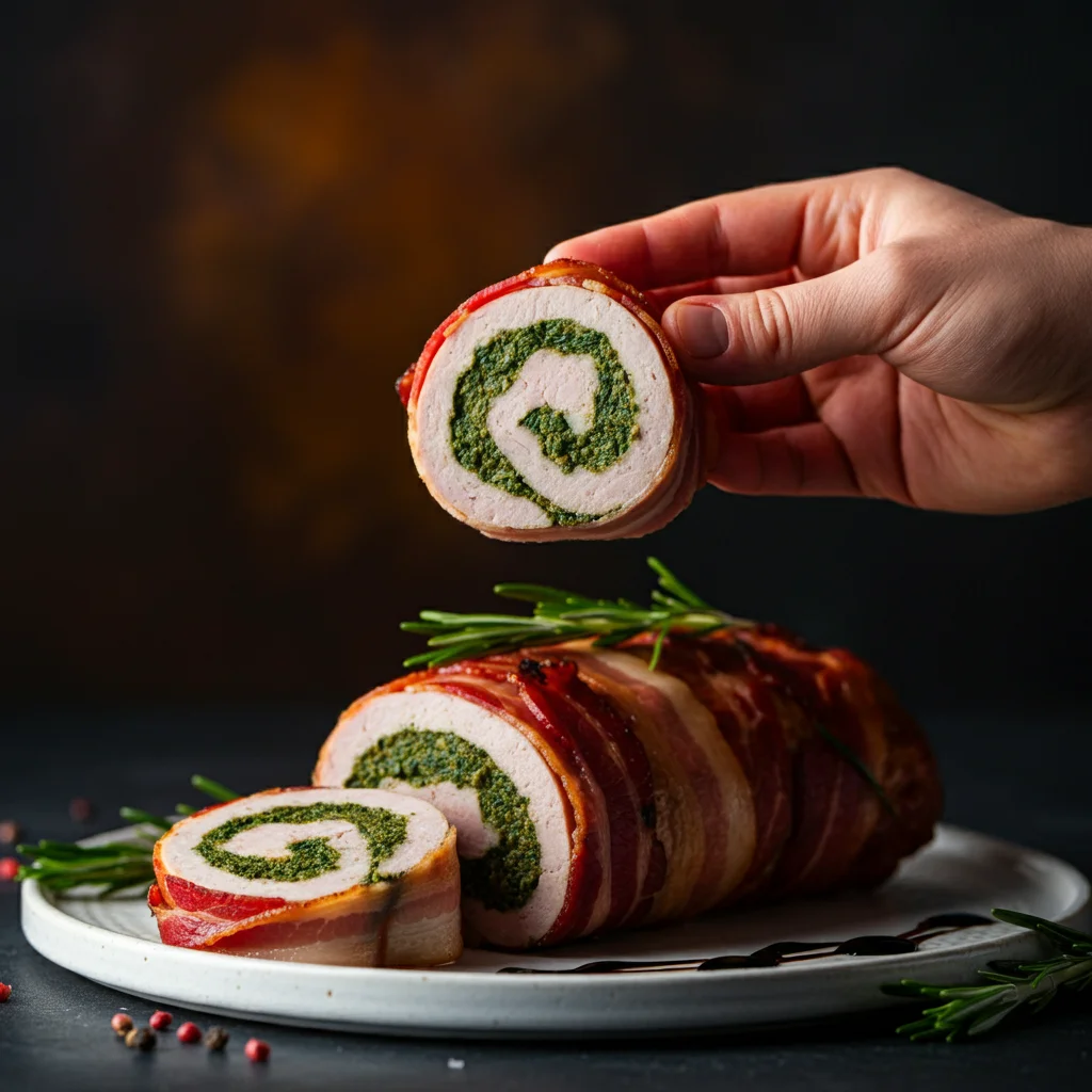 Tuscan
 A hand holding a Turketta slice, showcasing crispy bacon and herb-stuffed turkey, with the rest plated elegantly on a white dish garnished with rosemary.