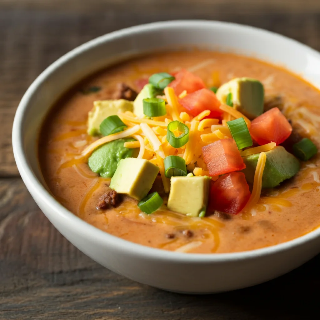 Cheesy keto taco soup with creamy, spicy broth, topped with diced avocado, shredded cheese, fresh tomatoes, and green onions. Served in a bowl on a rustic wooden table, capturing the rich textures and vibrant colors of a low-carb, keto-friendly meal.