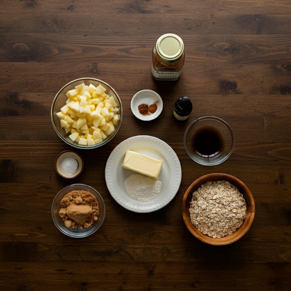 MINI APPLE PIE TARTS "Overhead view of mini apple pie tart ingredients arranged in separate small bowls, including diced apples in a glass bowl, brown sugar, oats, vanilla extract, cinnamon, and butter on a wooden countertop with natural lighting."