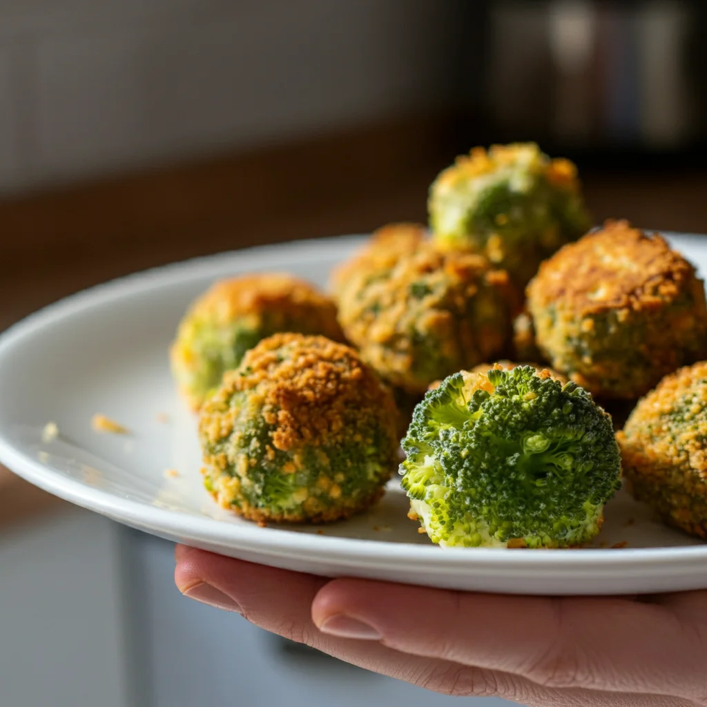 WW Broccoli Cheese Balls Close-up handheld shot of broccoli cheese balls with one split open, crumbs scattered on a white plate.