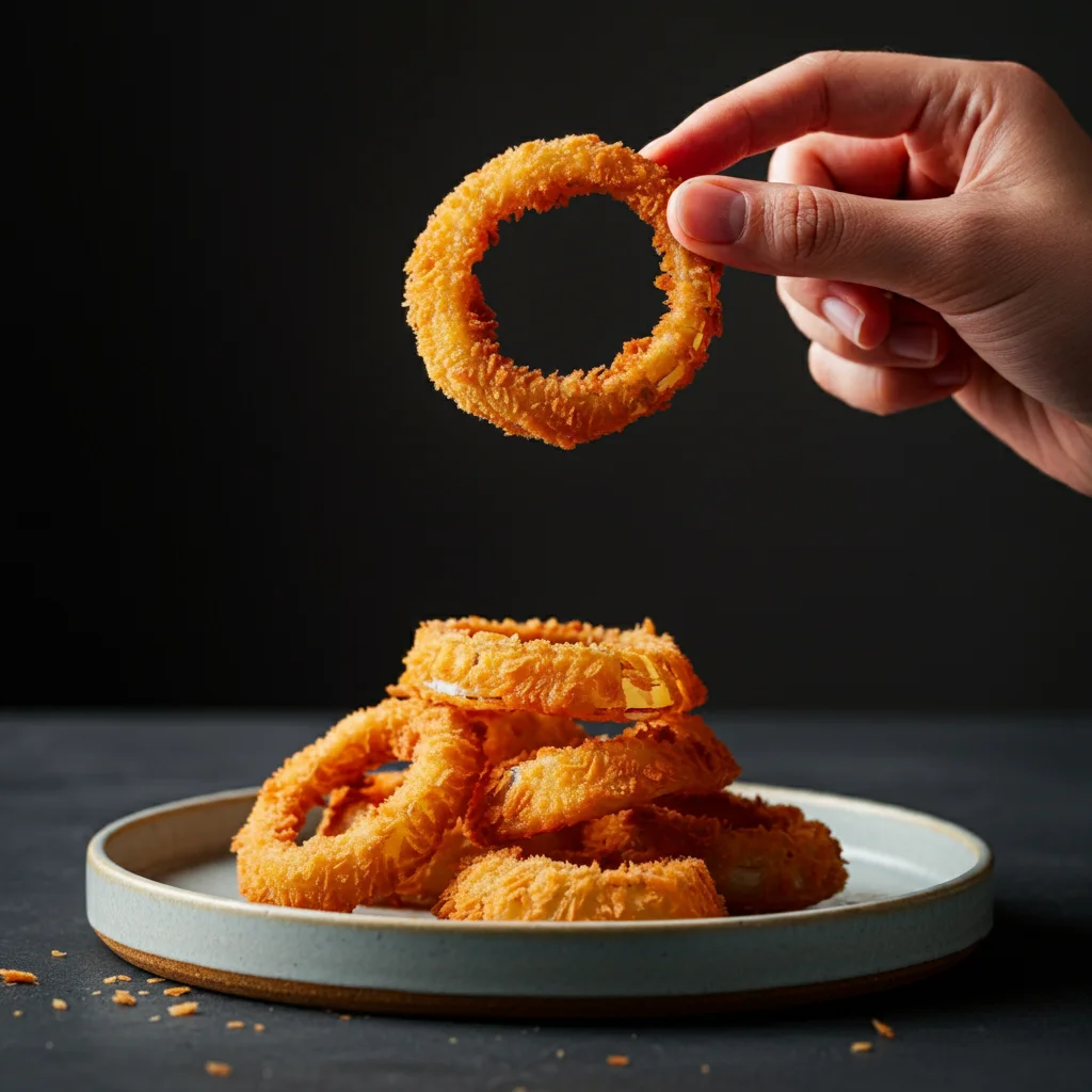 WW Onion Rings Hand holding a crispy WW onion ring above a plate of stacked onion rings, with soft, professional lighting highlighting the texture.