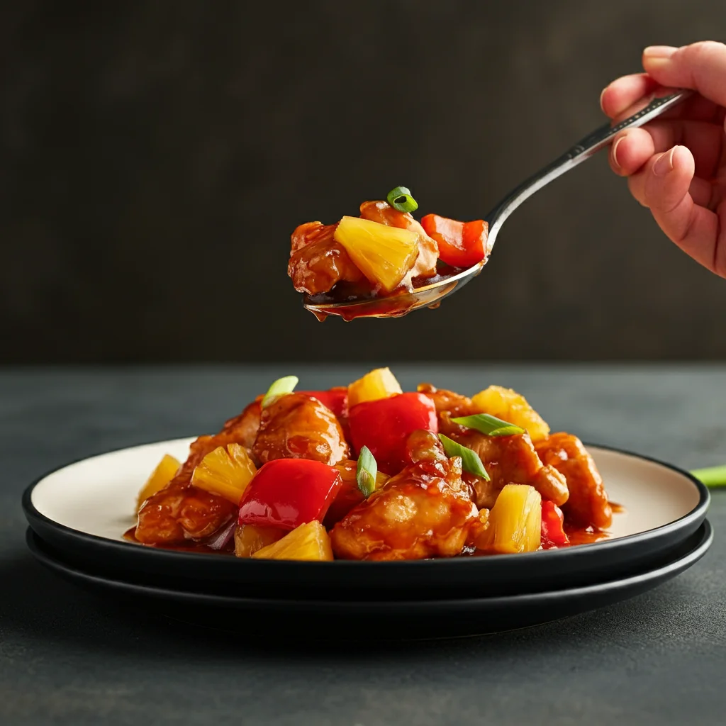 WW Baked Sweet and Sour Chicken Close-up of a hand holding a spoonful of WW Baked Sweet and Sour Chicken from a classy white plate with chicken, bell peppers, and pineapple.