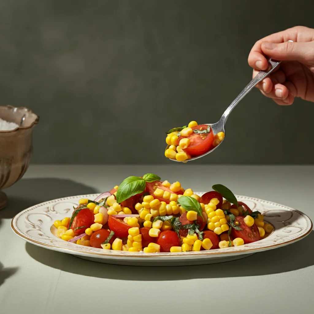 WW Corn Tomato Basil Salad Professional shot of a hand holding a spoonful of corn, tomato, and basil salad over a white plate with a blurred background.