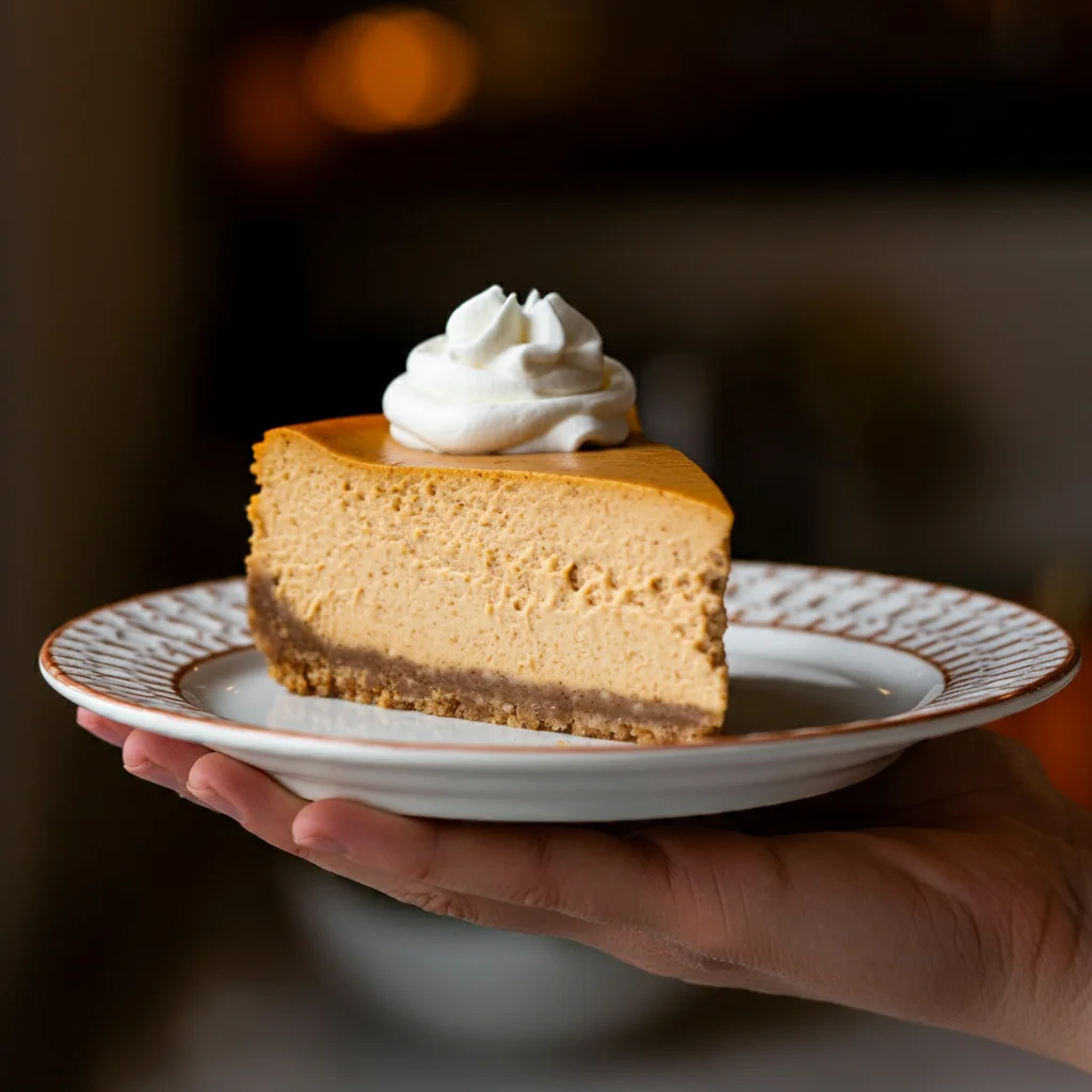 WW Pumpkin Pie Cheesecake Hand holding a slice of WW Pumpkin Pie Cheesecake with whipped cream on an elegant plate, in a warm, blurred background with a professional, classy look.