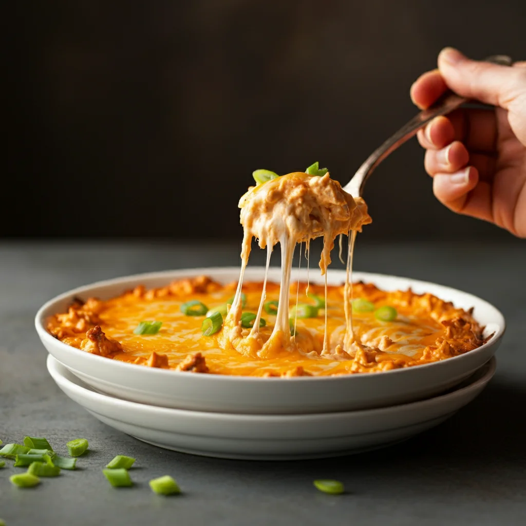 WW Baked Buffalo Chicken Dip Professional image of WW Baked Buffalo Chicken Dip in a white plate, with a hand holding a spoon scooping a cheesy portion, garnished with scallions.