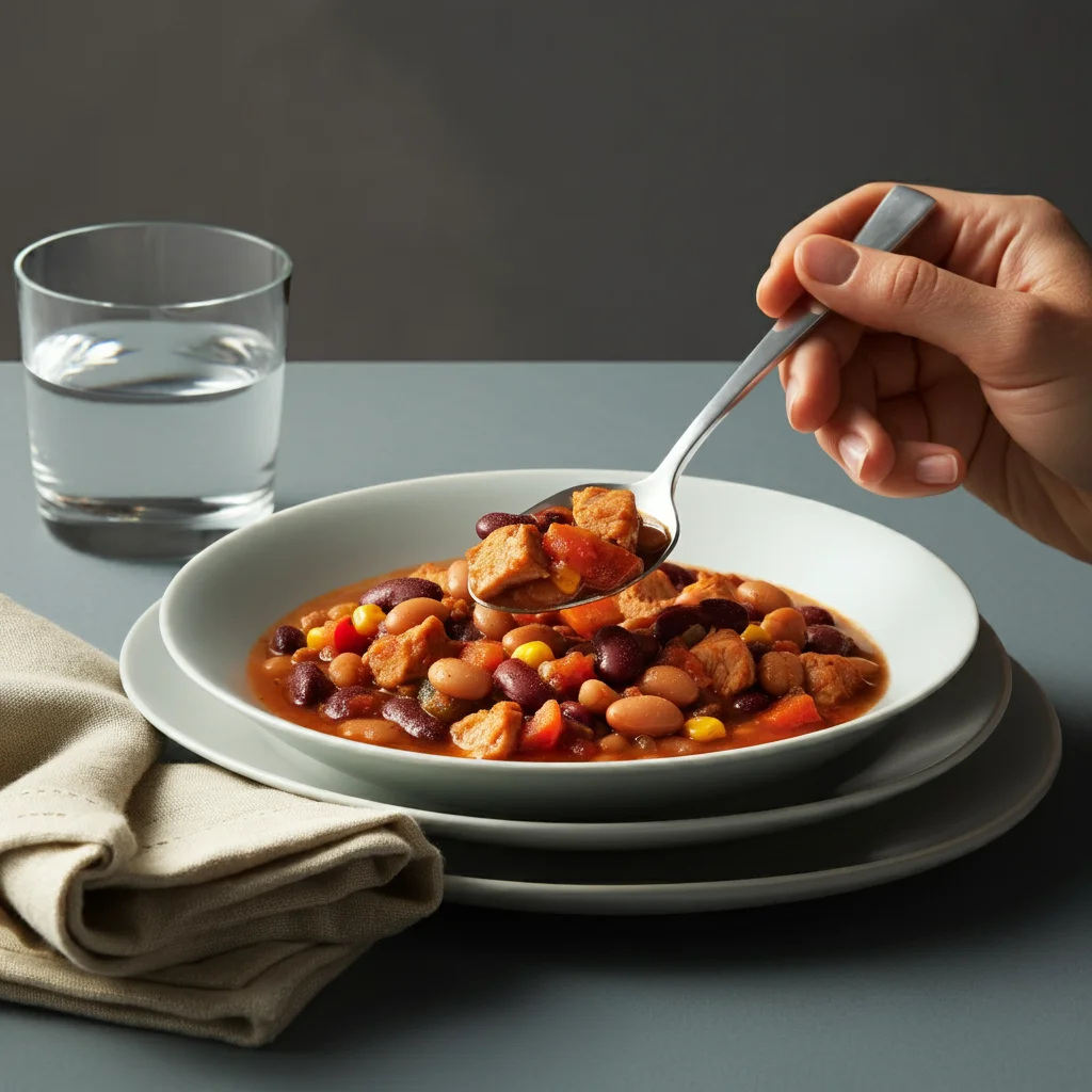 WW Turkey Chili 
WW Turkey Chili served in a white plate with a vibrant mix of turkey, beans, and vegetables. A hand holds a silver spoon above the dish, in an elegant setting.