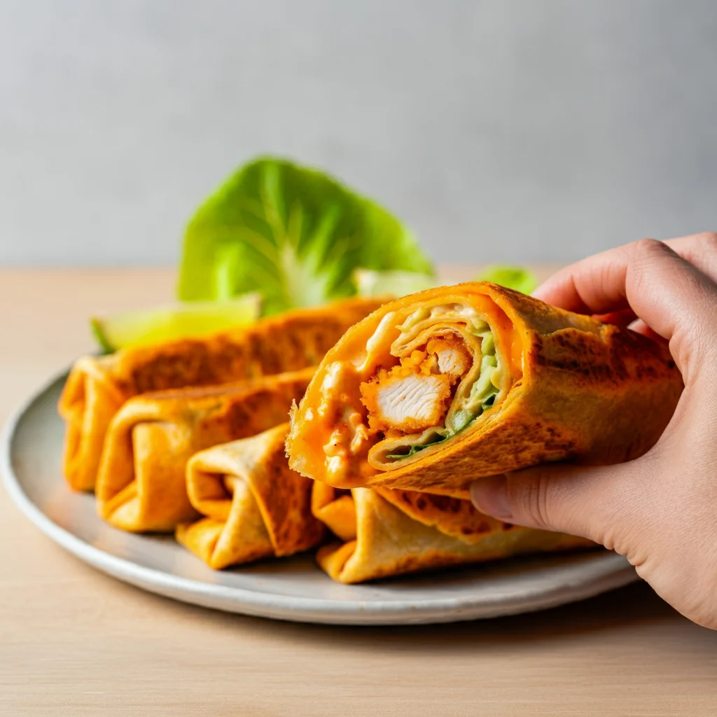 WW Buffalo Chicken Folded Wraps Professionally styled image of a hand holding a Buffalo Chicken Folded Wrap, with the crispy wrap and melted cheese in focus, and a classy plate of wraps in the background.