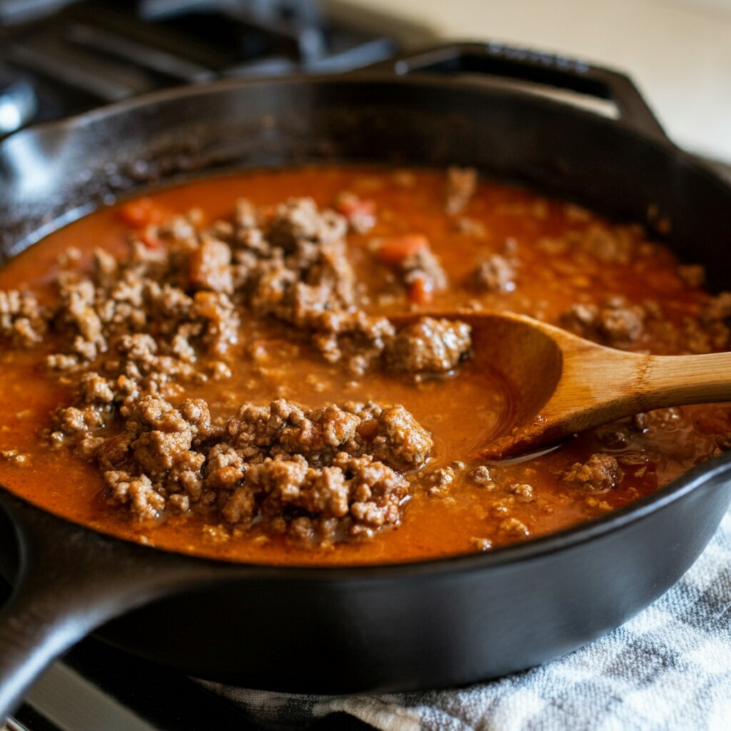 Carnivore Chili Side-angle handheld photo of bubbling carnivore chili in a cast iron pot with a wooden spoon, set on a countertop with natural lighting.