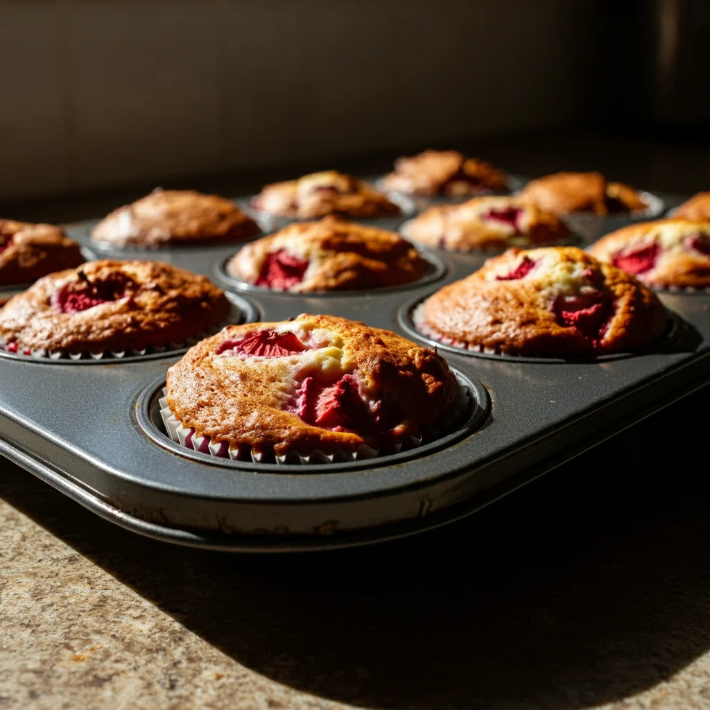 WW Strawberry and Cottage Cheese Muffins Side view of baked WW Strawberry and Cottage Cheese Muffins in a tray with natural light, giving a rustic homemade feel.