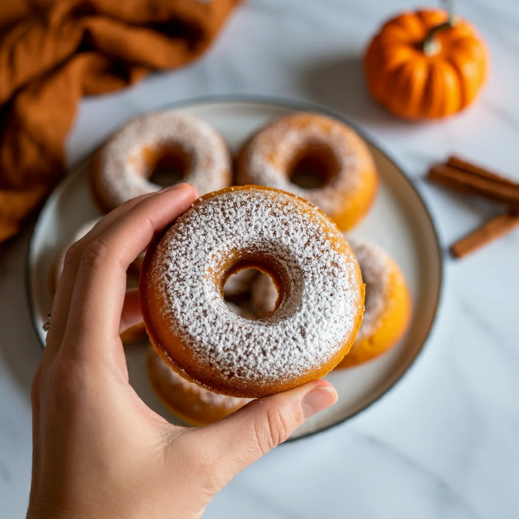 WW Pumpkin Spice Doughnuts A hand holding a pumpkin spice doughnut, with a plate of more doughnuts and autumn decor in the background on a marble countertop.