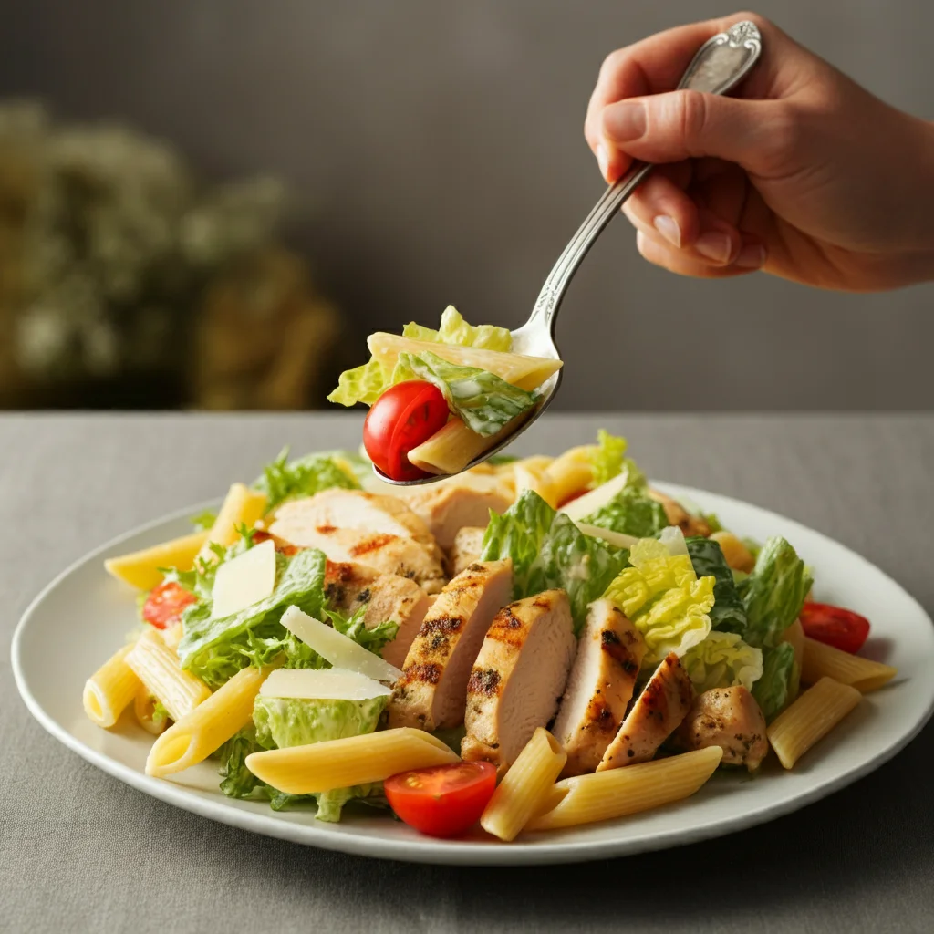 Chicken Caesar Pasta Salad Professional photo of Chicken Caesar Pasta Salad on a white plate, with a hand lifting a spoonful of salad, highlighting pasta, lettuce, chicken, and tomatoes.