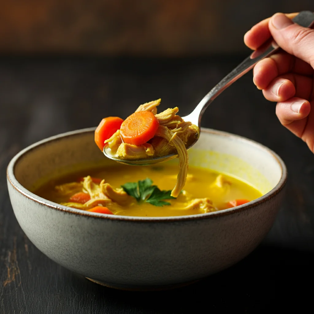 Anti-Inflammatory Turmeric Chicken Soup Close-up of a hand holding a spoonful of turmeric chicken soup over a ceramic bowl, with chicken, carrots, and parsley in a golden broth on a dark table.