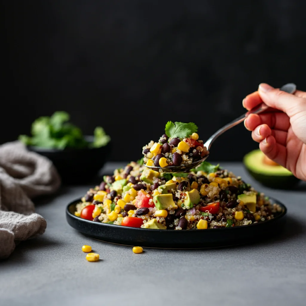 WW Black Bean Quinoa Salad Close-up of a hand holding a spoonful of Black Bean Quinoa Salad, with a black plate of salad garnished with cilantro in the background.