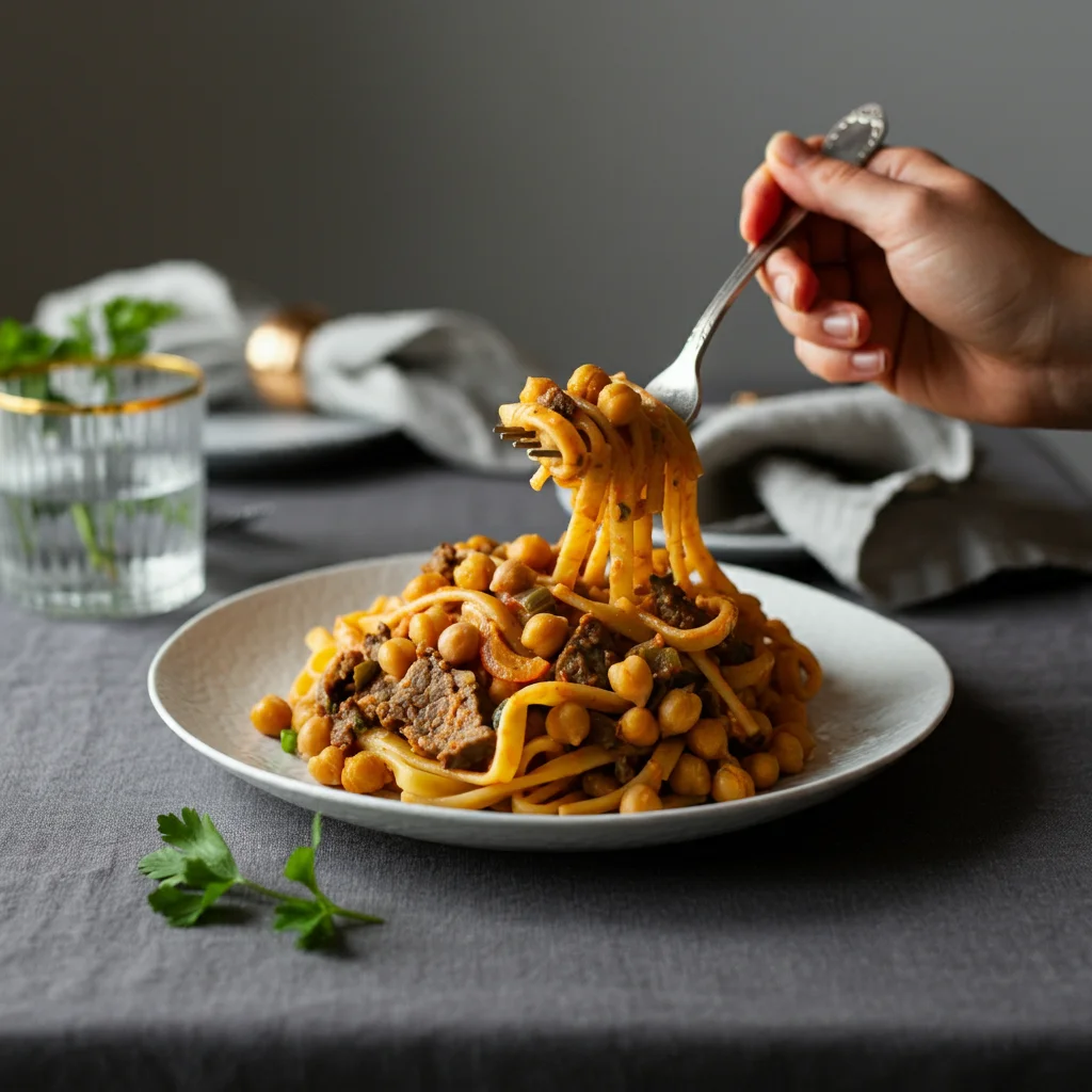 High-Protein Philly Cheesesteak Chickpea Pasta Elegant plate of High-Protein Philly Cheesesteak Chickpea Pasta with a hand twirling pasta on a fork, set against a classy table background.