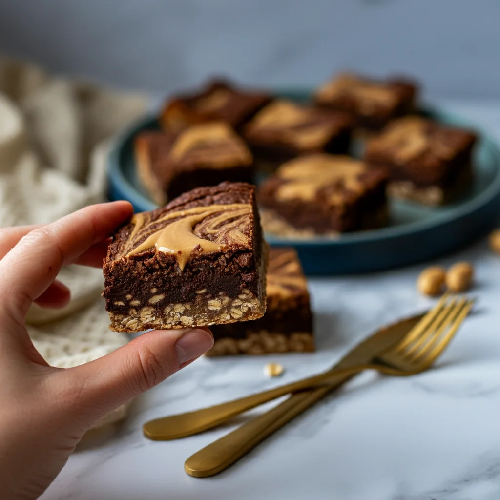 High-Protein Peanut Butter Brownie Baked Oats Hand holding a slice of High-Protein Peanut Butter Brownie Baked Oats with a classy plate of more slices in the background on a marble counter.