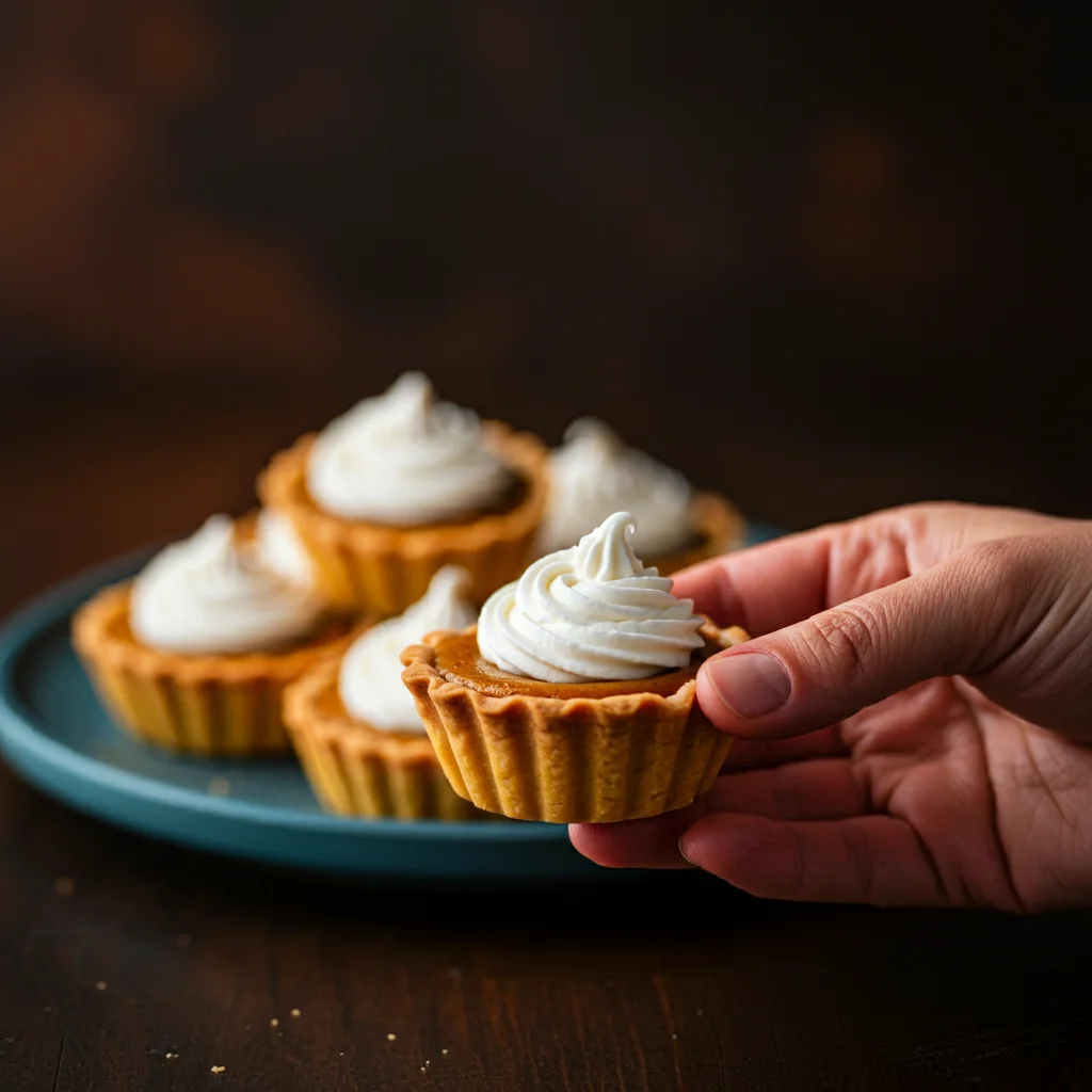 5-ingredient Pumpkin Pie Tartlets Close-up of a hand holding a pumpkin pie tartlet, with a blurred plate of tartlets on a wooden surface in the background.