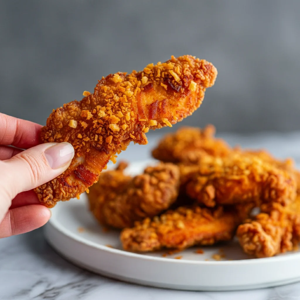 Carnivore Fried Chicken Strips Hand holding a golden crispy chicken strip with more strips on a white plate in the background on a marble countertop.