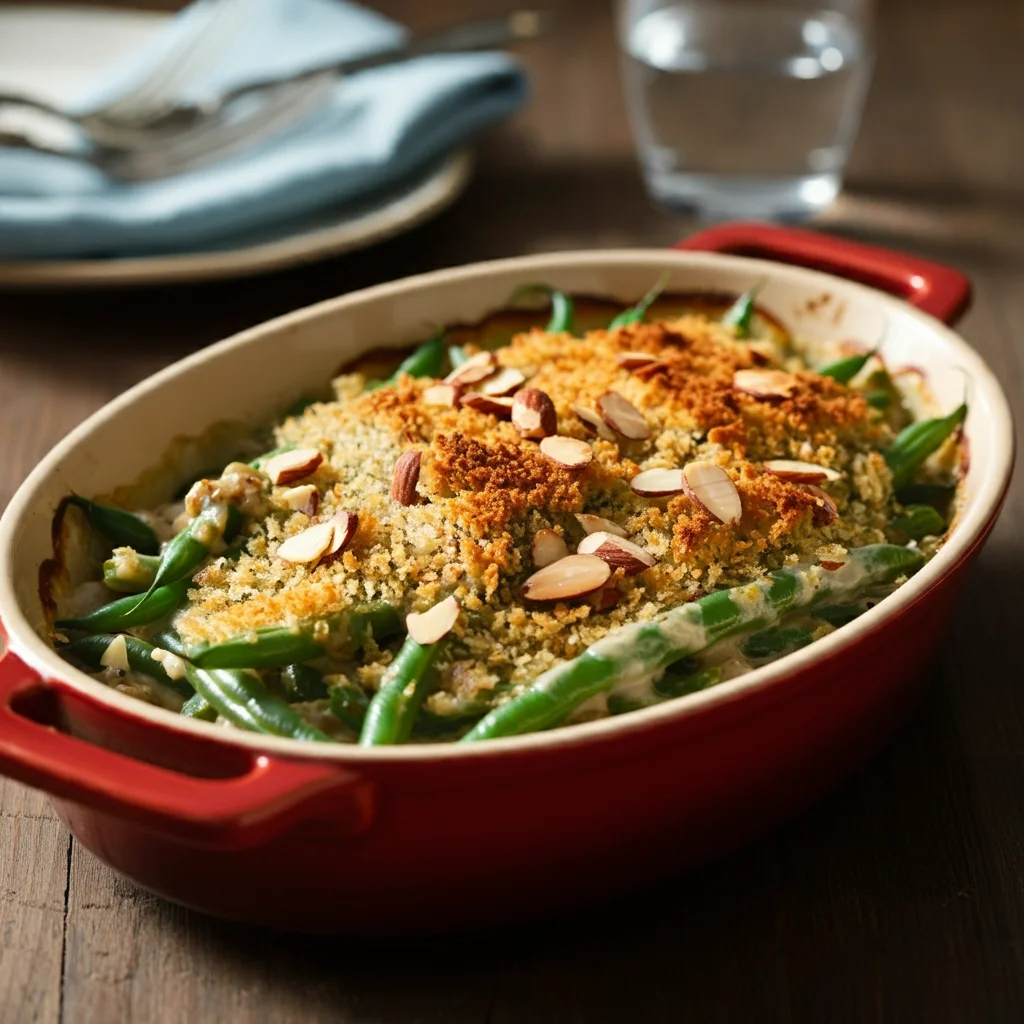 Green Bean Casserole with Almost-Burnt Almonds Green Bean Casserole in an oval dish with bubbling sauce, golden almond-panko topping, and vibrant green beans, shot casually on a rustic table.