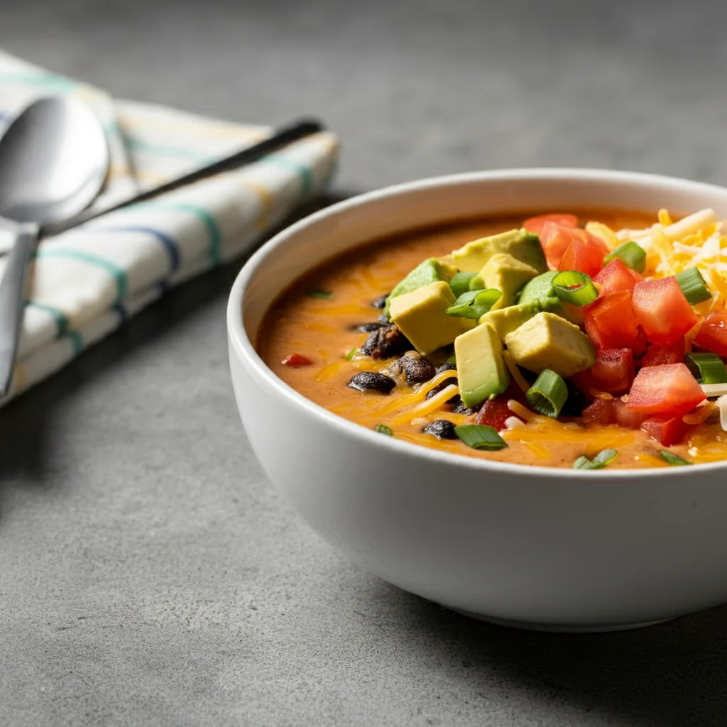 Cheesy keto taco soup with creamy, spicy broth, topped with diced avocado, shredded cheese, fresh tomatoes, and green onions. Served in a bowl on a rustic wooden table, capturing the rich textures and vibrant colors of a low-carb, keto-friendly meal.