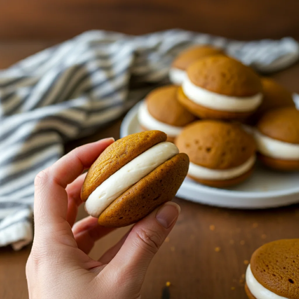 2 Point Pumpkin Whoopie Pies Close-up of a hand holding a Pumpkin Whoopie Pie with fluffy golden layers and cream cheese frosting, with more pies elegantly arranged on a plate in the background.