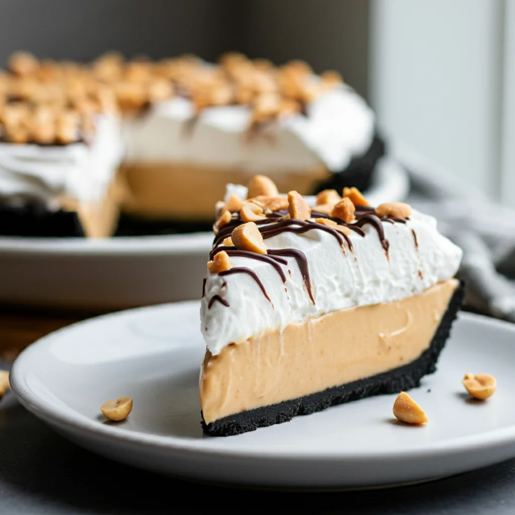 Keto Peanut Butter Pie
Side-angle close-up of a slice of Keto Peanut Butter Pie with creamy peanut butter filling, whipped cream topping, chocolate drizzle, and chopped peanuts, served on a white plate with the rest of the pie blurred in the background.