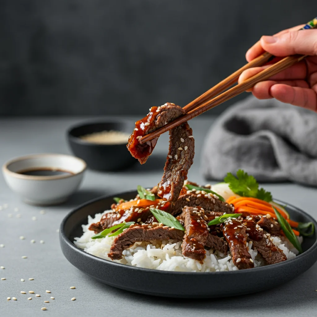 Keto Beef Bulgogi Close-up of a hand holding chopsticks lifting a slice of caramelized Keto Beef Bulgogi, with the rest of the dish in a black bowl on a clean, gray table in the background.