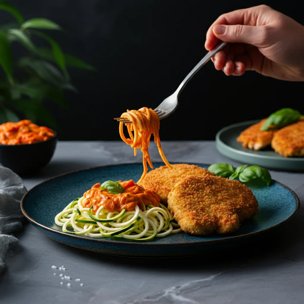 High-Protein Chicken Cutlets and Zoochi Noodles High-Protein Chicken Cutlets and Zoochi Noodles on a white plate, with a hand holding a fork twirling creamy zucchini noodles, styled against a marble background.