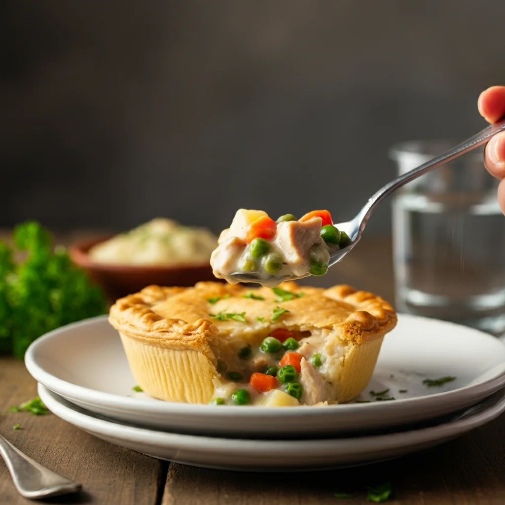 High-Protein Chicken Pot Pie A serving of crustless chicken pot pie on a white plate, a hand holding a spoonful of creamy filling above, with a rustic wooden table in the background.