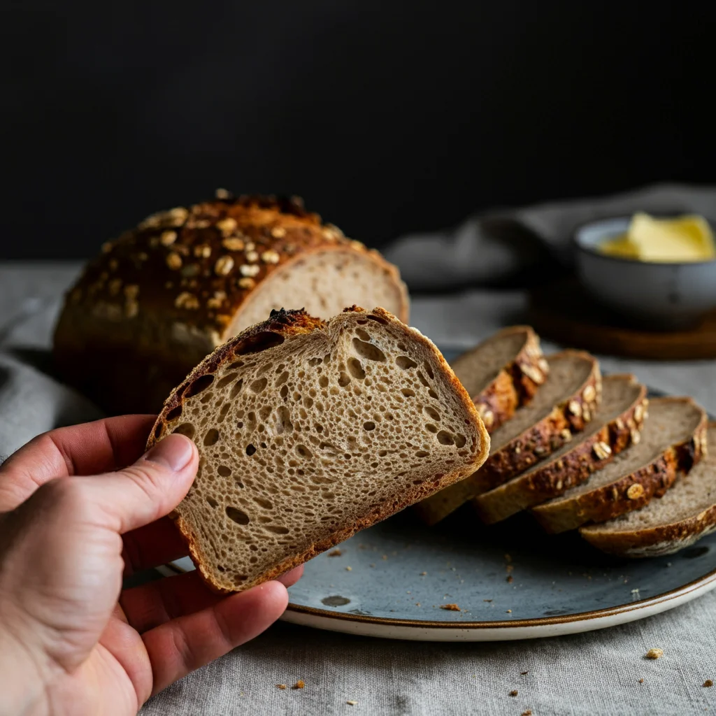 WW Homemade Bread Hand holding a slice of WW Homemade Bread, with the loaf on a decorative plate in an elegant setting.