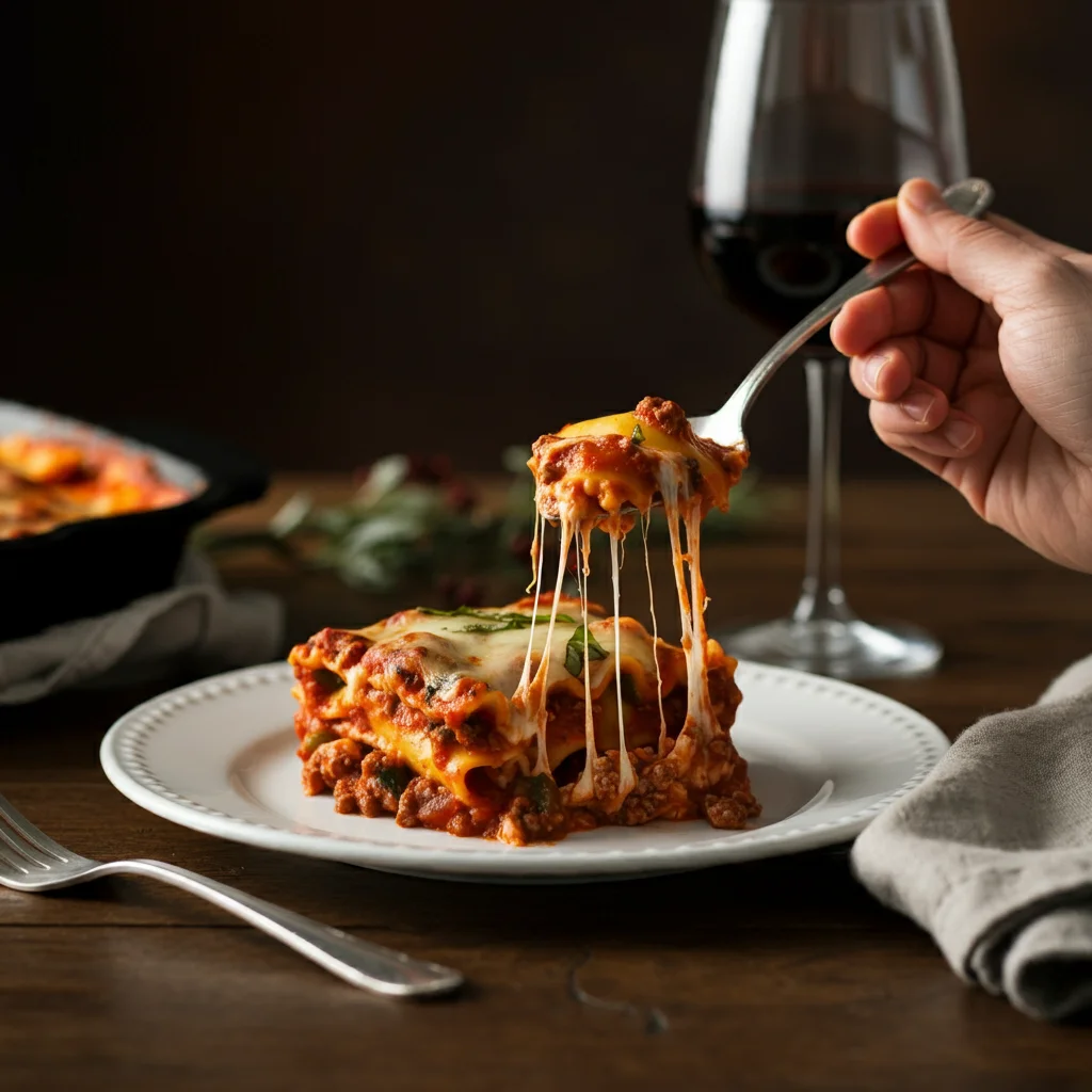 High-Protein Skillet Ravioli Lasagna Plate of ravioli lasagna garnished with basil, with a hand holding a spoon pulling a cheesy bite, set on a rustic table with a wine glass nearby.