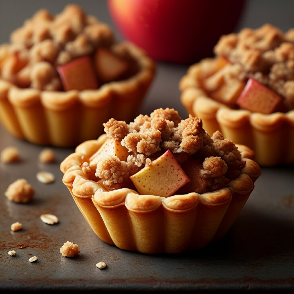 MINI APPLE PIE TARTS "Handheld photo of freshly baked mini apple pie tarts with golden crusts, spiced apple filling, and crumbly oat topping on a wooden counter with a casual kitchen background."