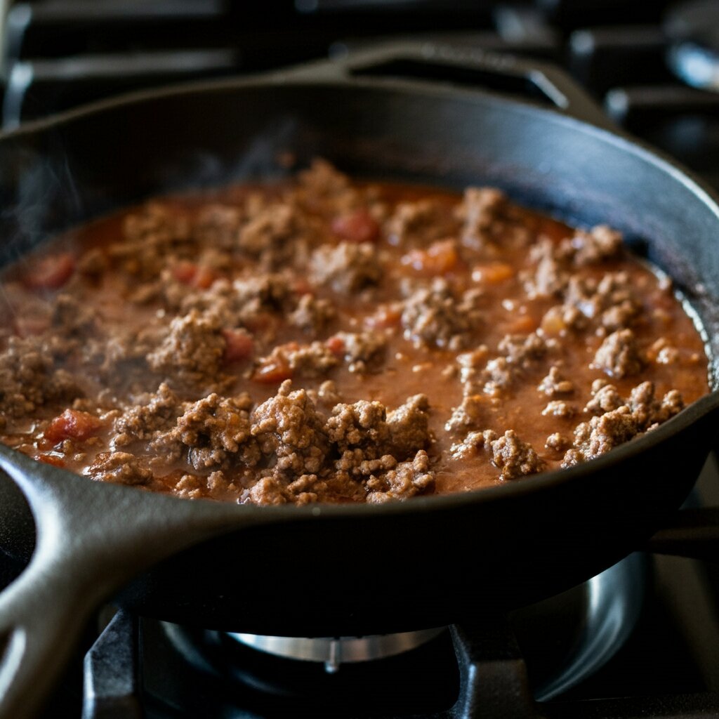 Carnivore Chili Handheld photo of carnivore chili in a rustic pot with a wooden spoon, featuring rich, saucy meat and a patterned towel in the background.