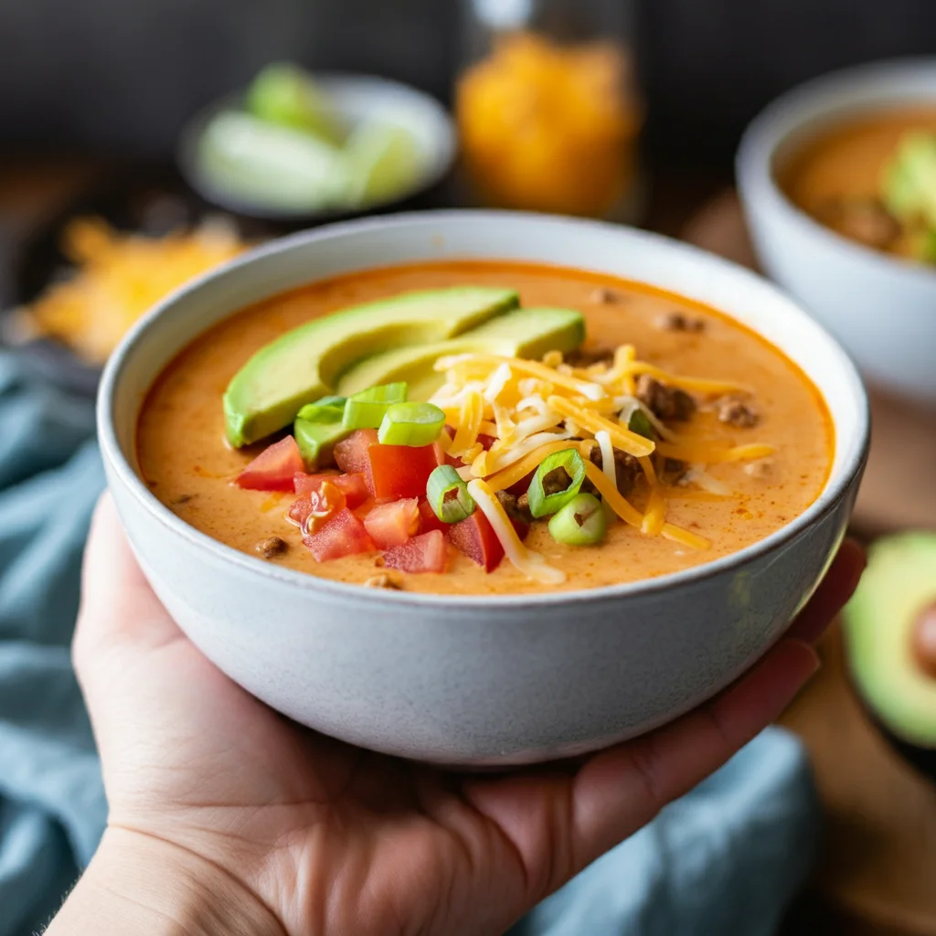 Cheesy keto taco soup with creamy, spicy broth, topped with diced avocado, shredded cheese, fresh tomatoes, and green onions. Served in a bowl on a rustic wooden table, capturing the rich textures and vibrant colors of a low-carb, keto-friendly meal.