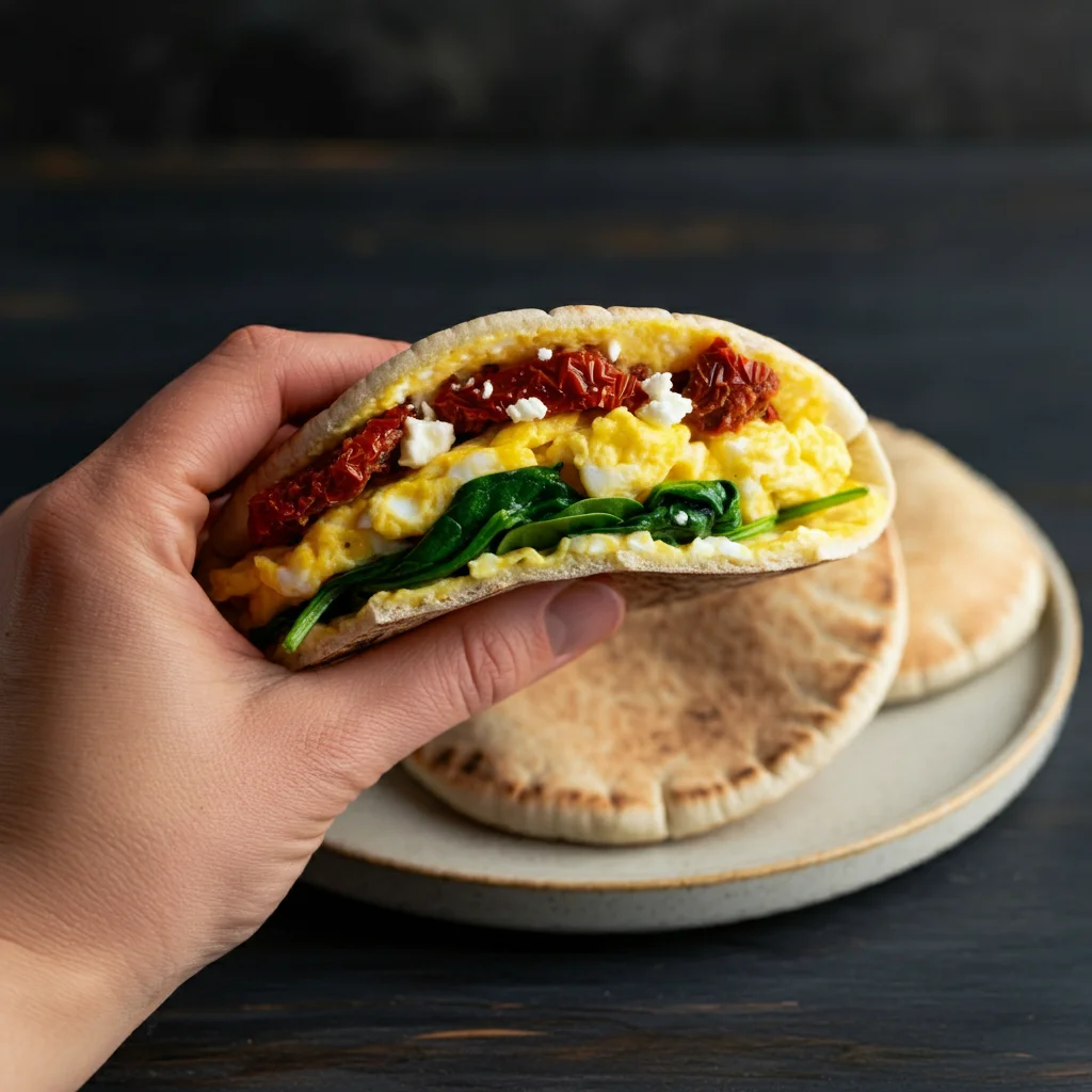 High-Protein Spinach & Feta Scrambled Egg Pitas Hand holding a Spinach and Feta Scrambled Egg Pita, with other pitas styled on a ceramic plate in the background on a wooden table.