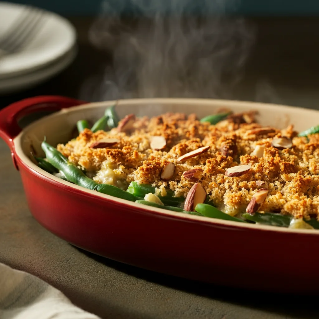 Green Bean Casserole with Almost-Burnt Almonds Side view of Green Bean Casserole highlighting crispy almond-panko topping and creamy sauce, with green beans and steam visible.