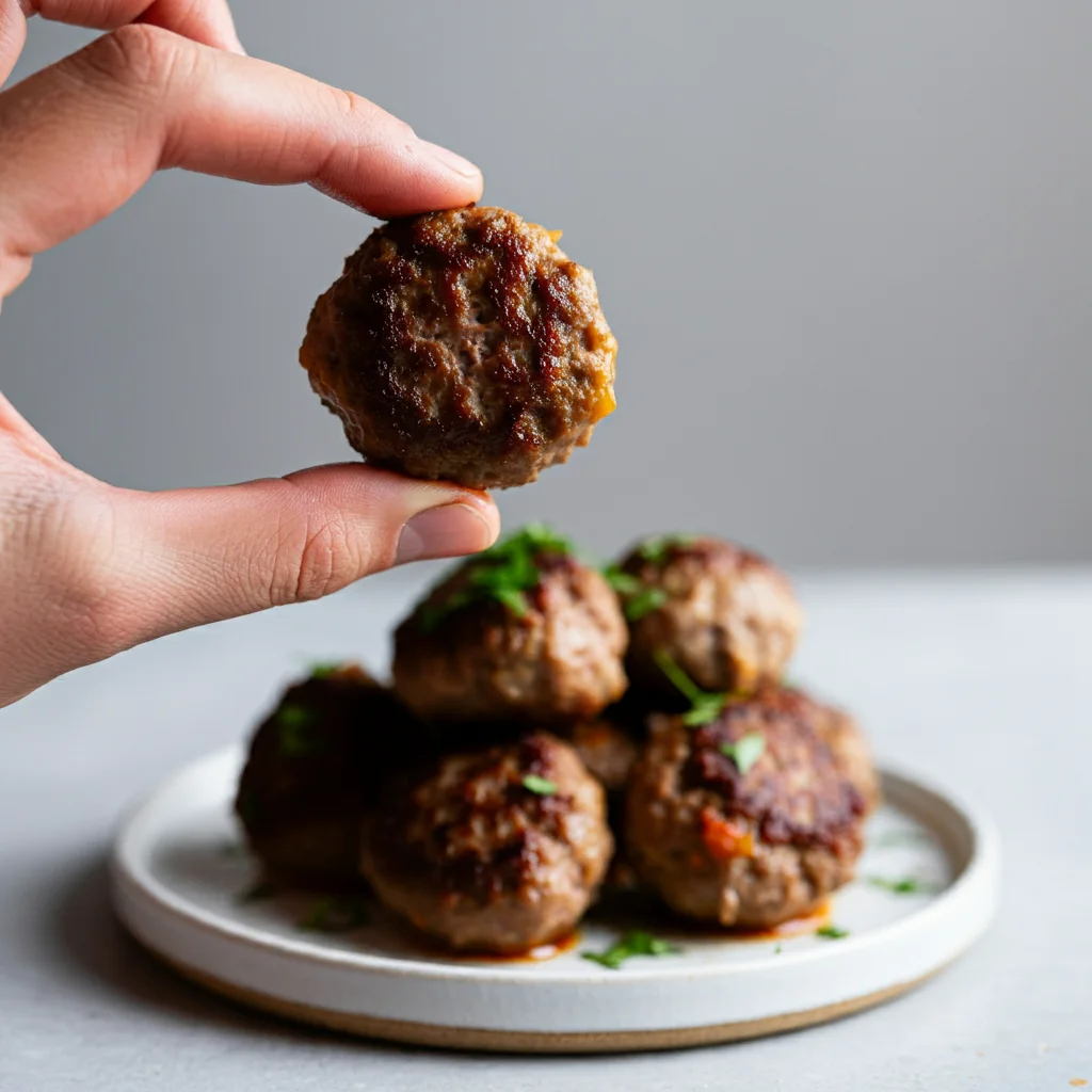 Carnivore Meatballs with Beef Heart A hand holding a baked meatball, with more meatballs plated elegantly on a white dish styled with parsley.