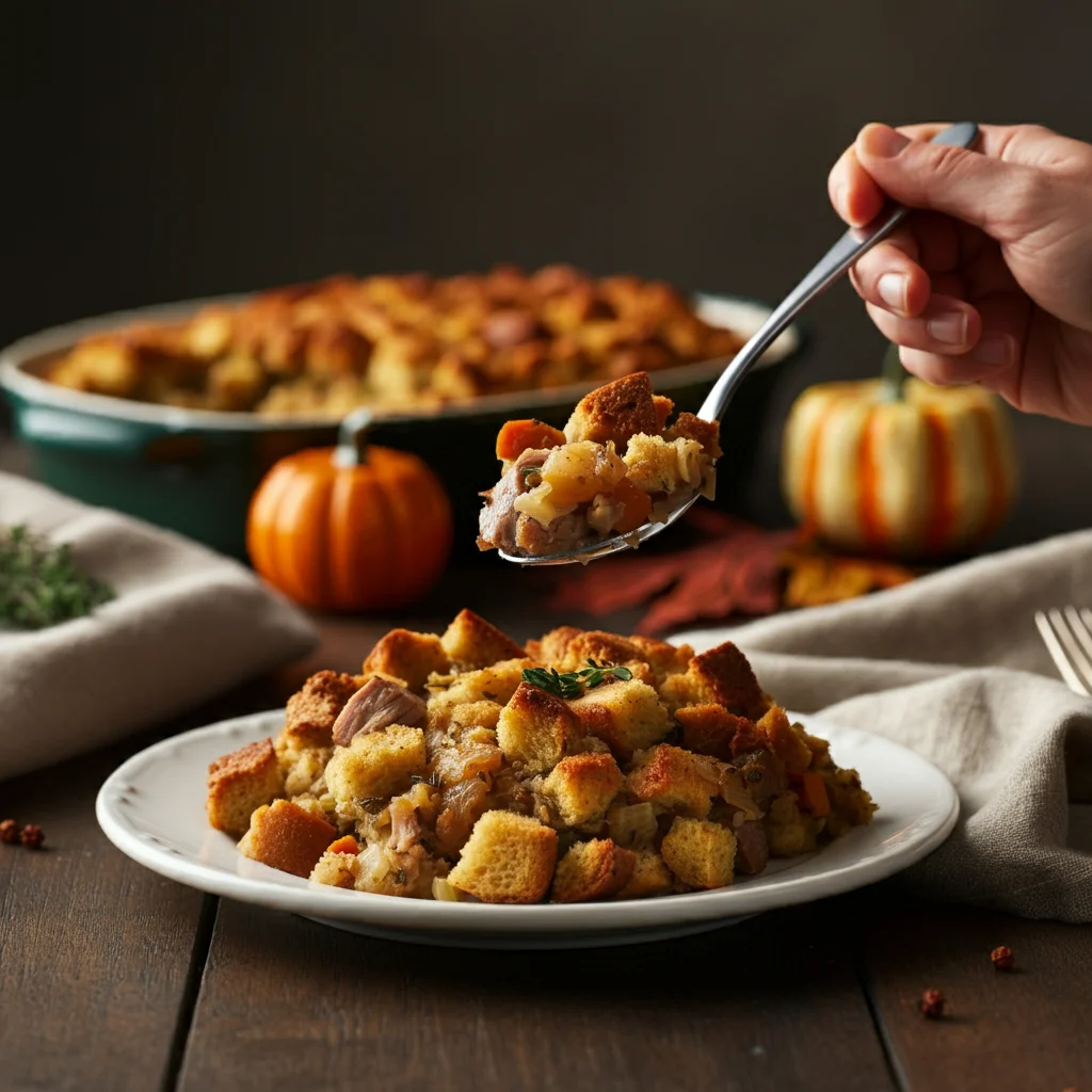 Animal-Based Thanksgiving Stuffing Hand holding a spoonful of animal-based Thanksgiving stuffing over a white plate, garnished with thyme, on a wooden table with festive decor.