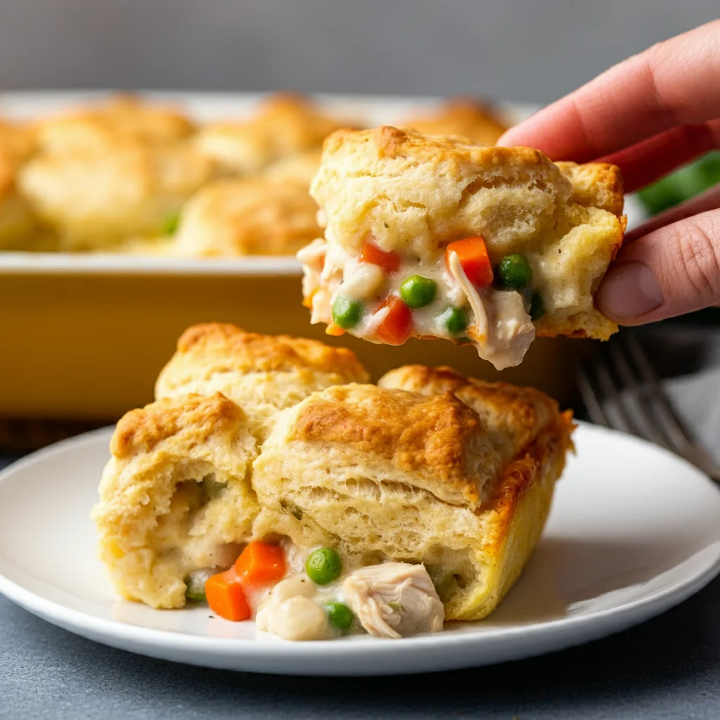 Chicken Pot Pie Bubble Up Casserole Plate of Chicken Pot Pie Bubble Up Casserole with a hand holding a biscuit piece, showing creamy filling inside.